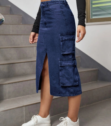 High-waist denim midi skirt with front split and stacked cargo pockets