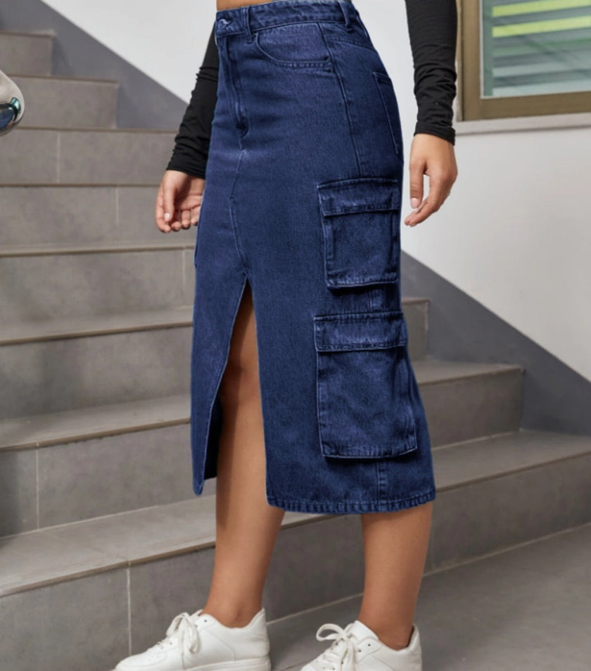 High-waist denim midi skirt with front split and stacked cargo pockets