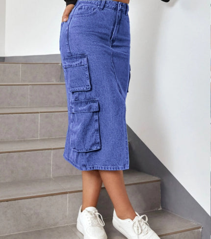 High-waist denim midi skirt with front split and side cargo patch pockets