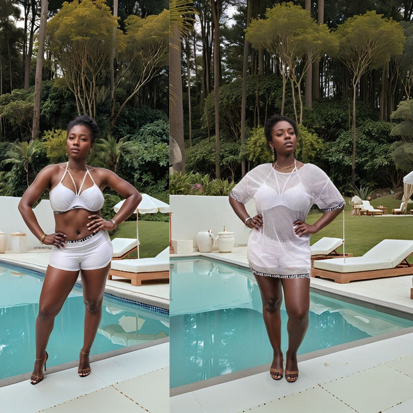 3-Piece Mesh Swimsuit Set for Women | Short Sleeve Cover-Up + Letter Trim Bikini + High Waist Skirt