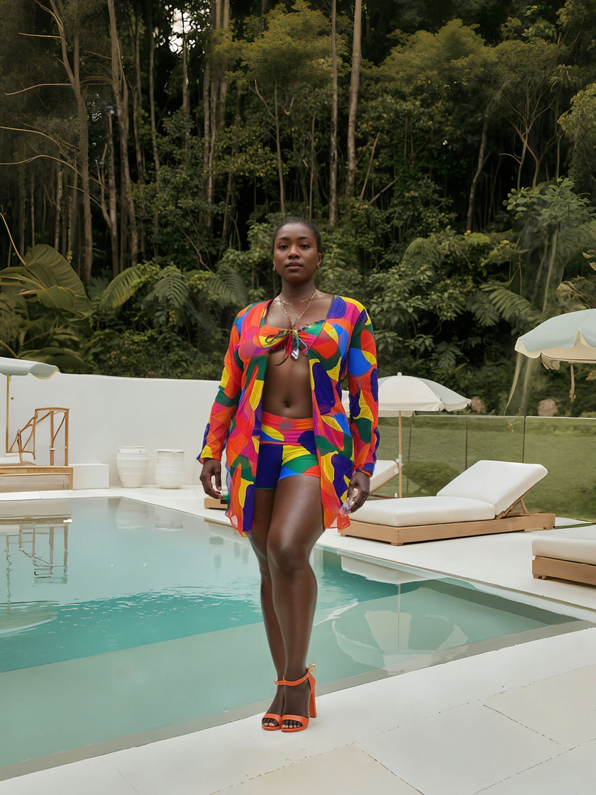 Women's Three-Piece Swimsuit Set｜Crop Top + High-Waist Bottom + Cover-Up