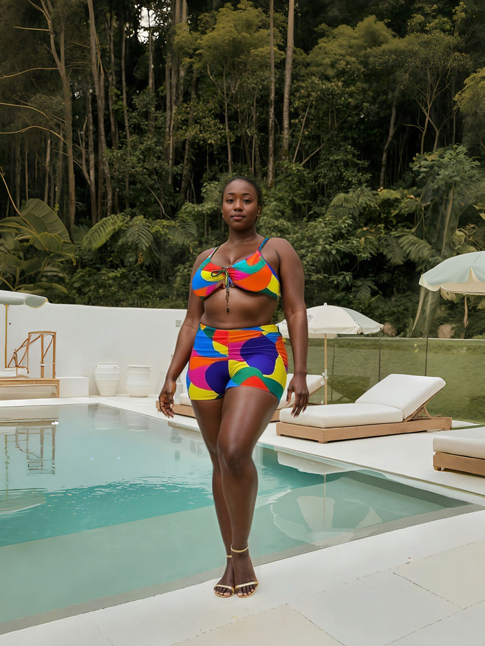 Colorful printed three-piece swim set with tie-front bikini top and high-waist bottoms