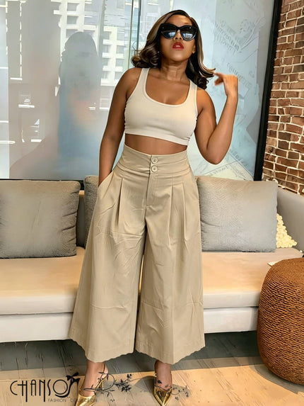 Khaki pleated wide-leg culottes with stretch waistband and button detail