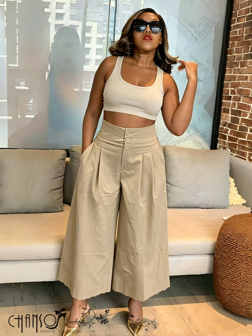 Khaki pleated wide-leg culottes with stretch waistband and button detail