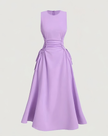 Light purple sleeveless midi dress with ruched waist and adjustable tie strings