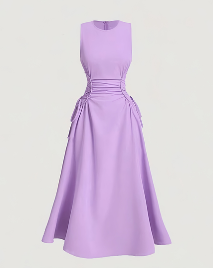 Light purple sleeveless midi dress with ruched waist and adjustable tie strings