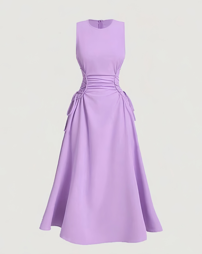 Light purple sleeveless midi dress with ruched waist and adjustable tie strings