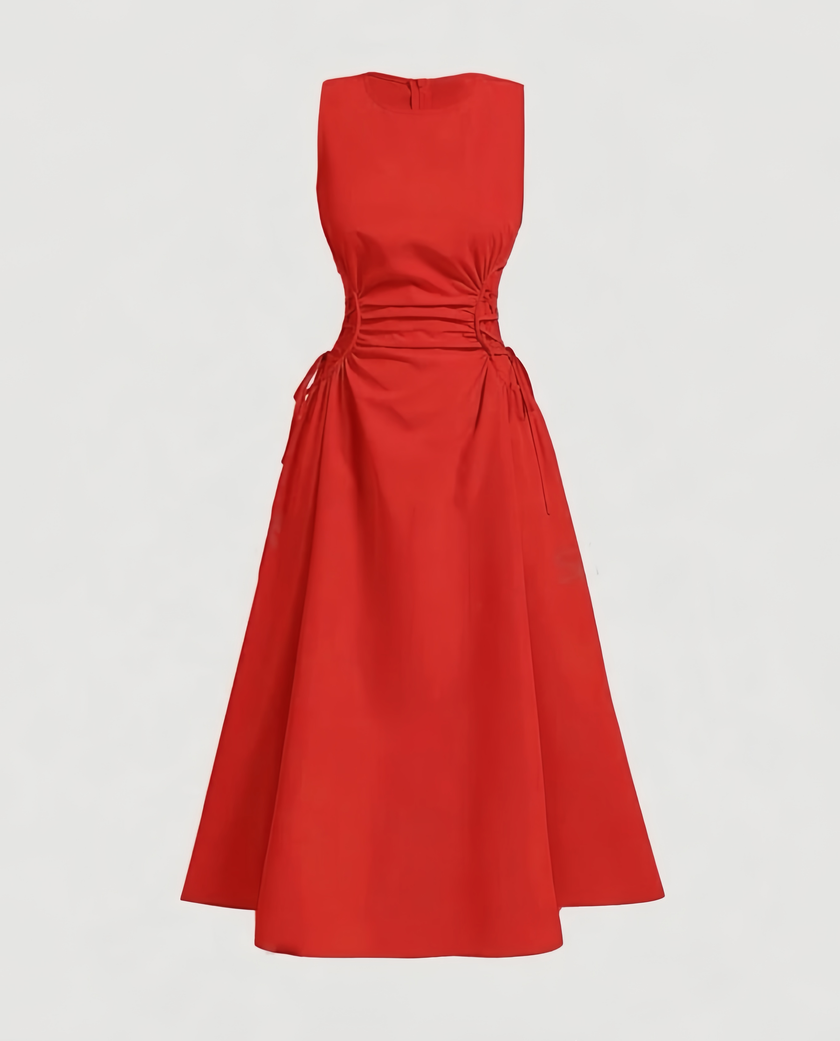 Sleeveless Midi Dress with Side Ruching and Tie Detail