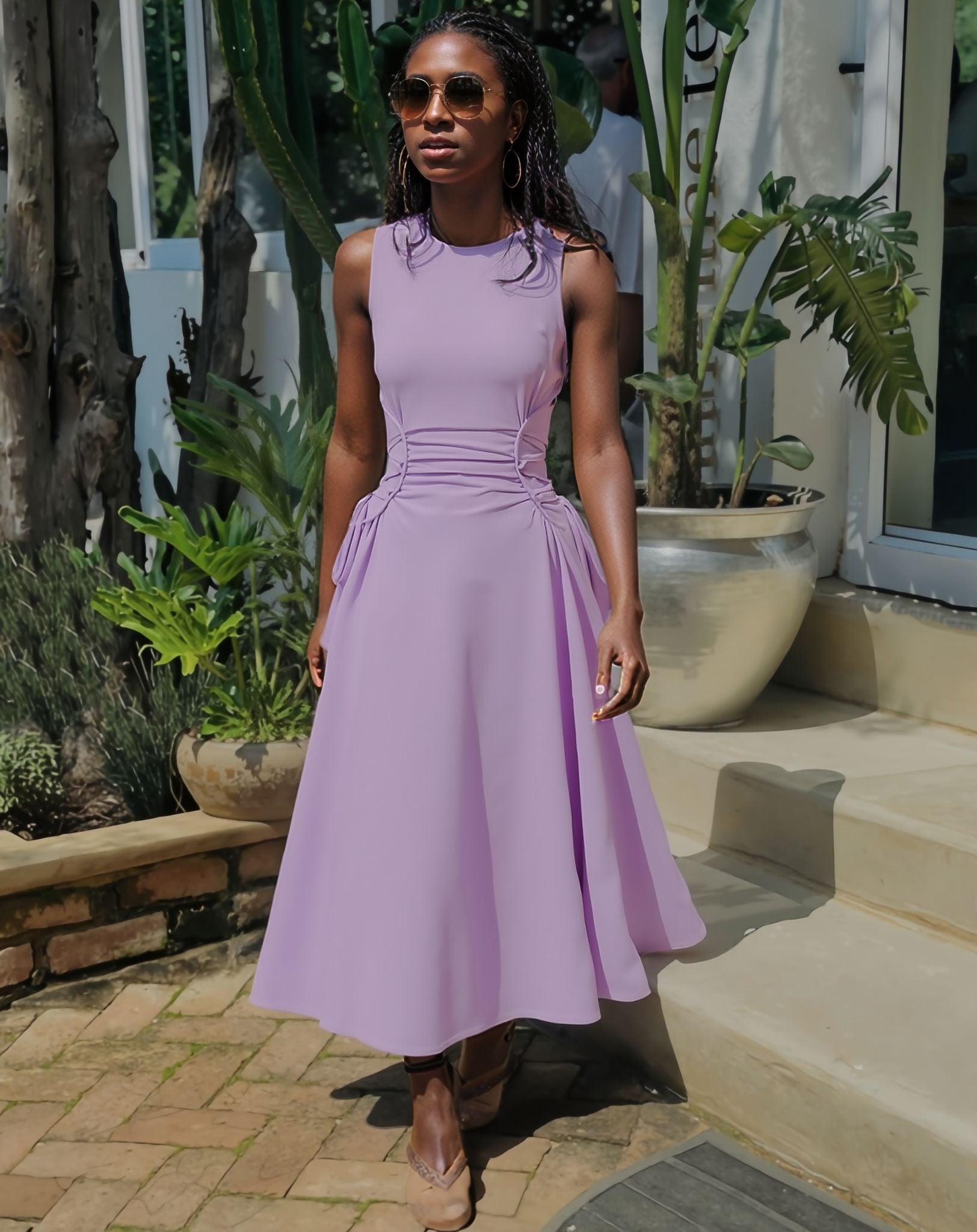 Dress Sleeveless Midi Side Ruching Tie Detail Chic