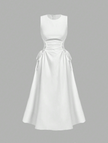 White sleeveless midi dress with gathered waist ruching and side tie strings
