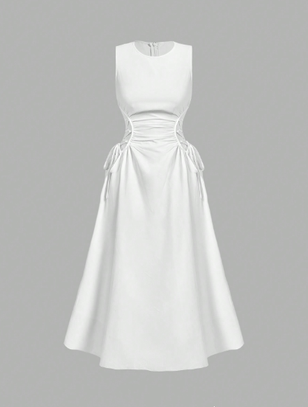 White sleeveless midi dress with gathered waist ruching and side tie strings