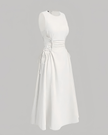 White sleeveless midi dress with ruched waist and adjustable tie at side