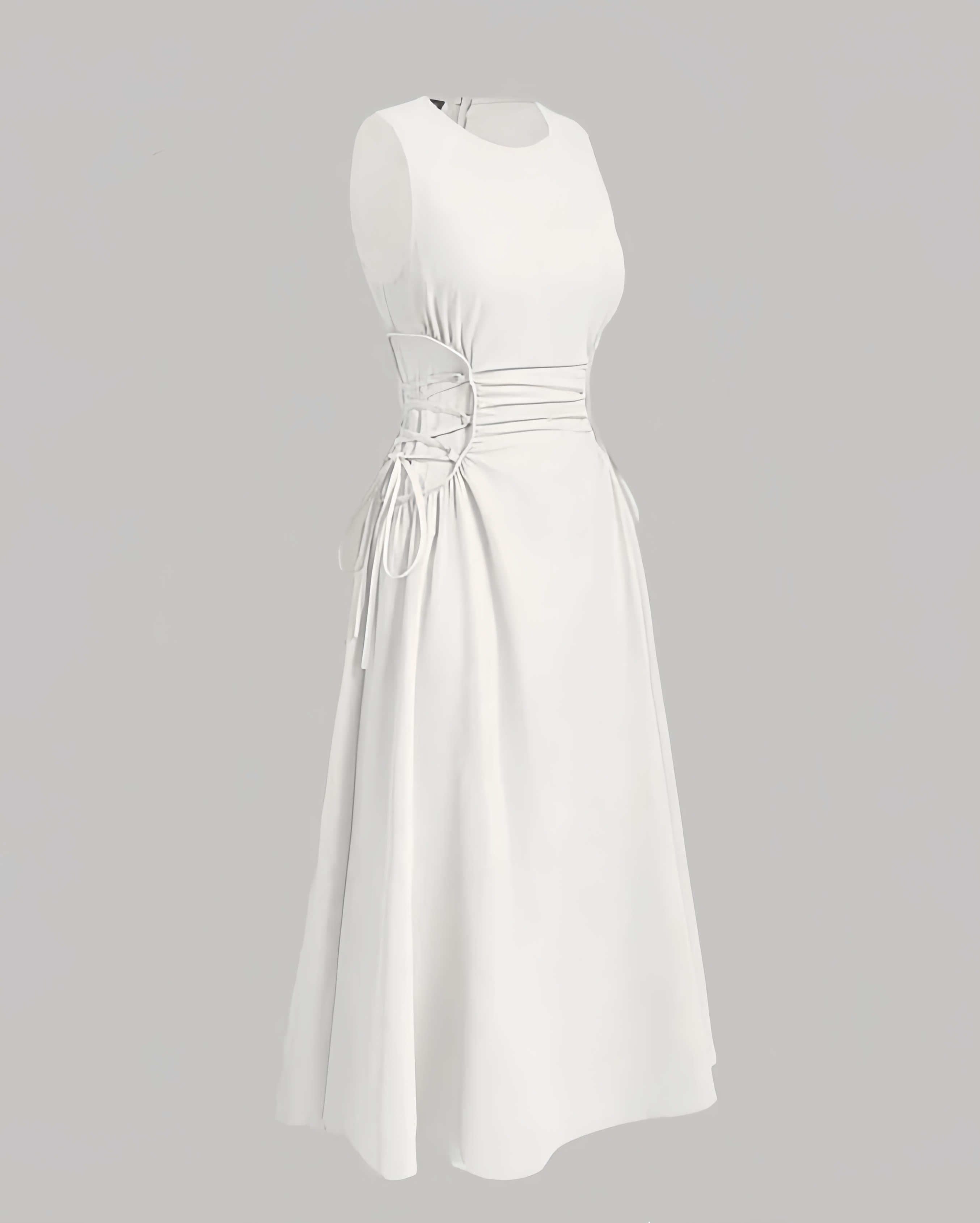 White sleeveless midi dress with ruched waist and adjustable tie at side