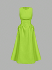 Yellow-green sleeveless midi dress with gathered waist ruching and tie strings