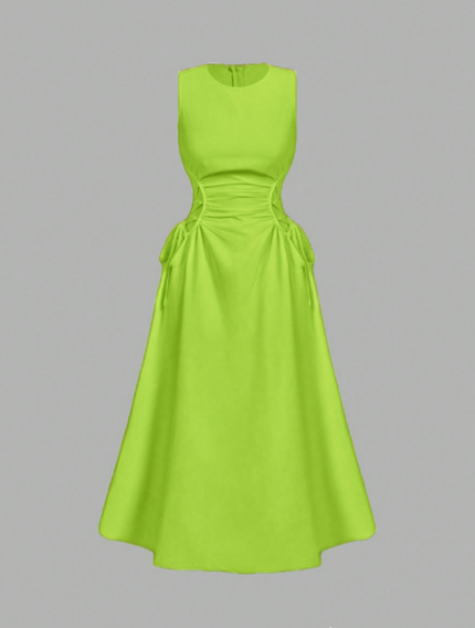 Yellow-green sleeveless midi dress with gathered waist ruching and tie strings