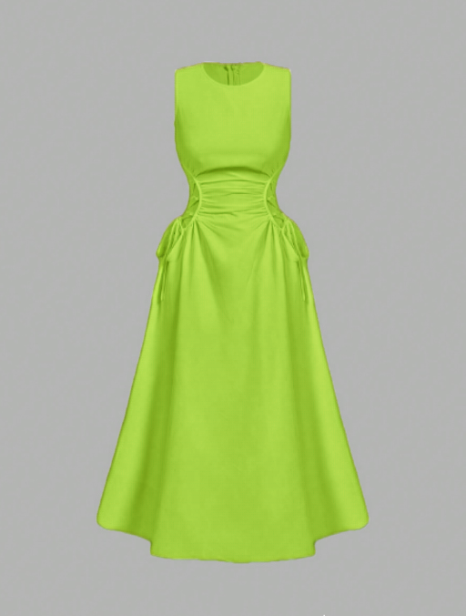 Yellow-green sleeveless midi dress with gathered waist ruching and tie strings