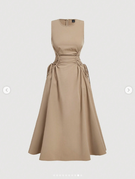 Beige sleeveless midi dress with gathered waist ruching and tie strings