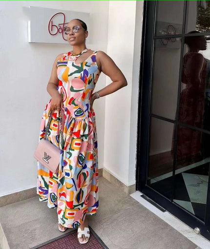 Modern Art-Inspired Sleeveless Dress with Full Skirt and Statement Print