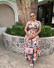 Colorful abstract print sleeveless A-line midi dress with flared skirt