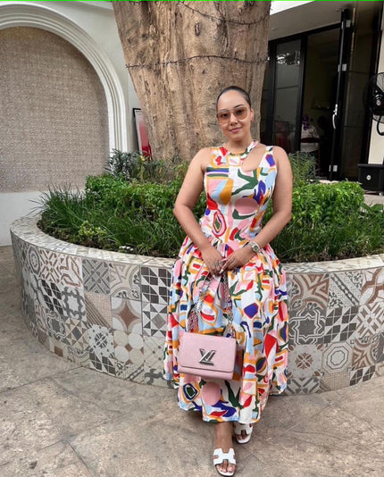 Colorful abstract print sleeveless A-line midi dress with flared skirt