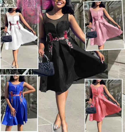 Dress Sleeveless Knee-Length Floral Embroidery Chic