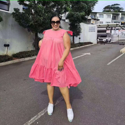 Pink sleeveless A-line ruffle-hem dress with gathered yoke and tiered skirt