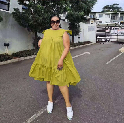 Yellow sleeveless A-line ruffle-hem dress with pleated bodice and tiered skirt
