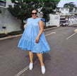 Sky-blue sleeveless A-line ruffle-hem dress with gathered bodice and tiered skirt