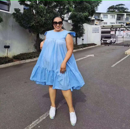 Sky-blue sleeveless A-line ruffle-hem dress with gathered bodice and tiered skirt