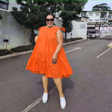 Orange sleeveless A-line ruffle-hem dress with pleated bodice and tiered skirt