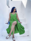 Lime-green A-line sleeveless dress with V-neck and flared skirt, comfy fit