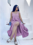 Pink A-line sleeveless dress with V-neck, gathered waist, flared skirt