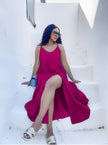 Rose-red A-line sleeveless dress with V-neck and wide flared hem