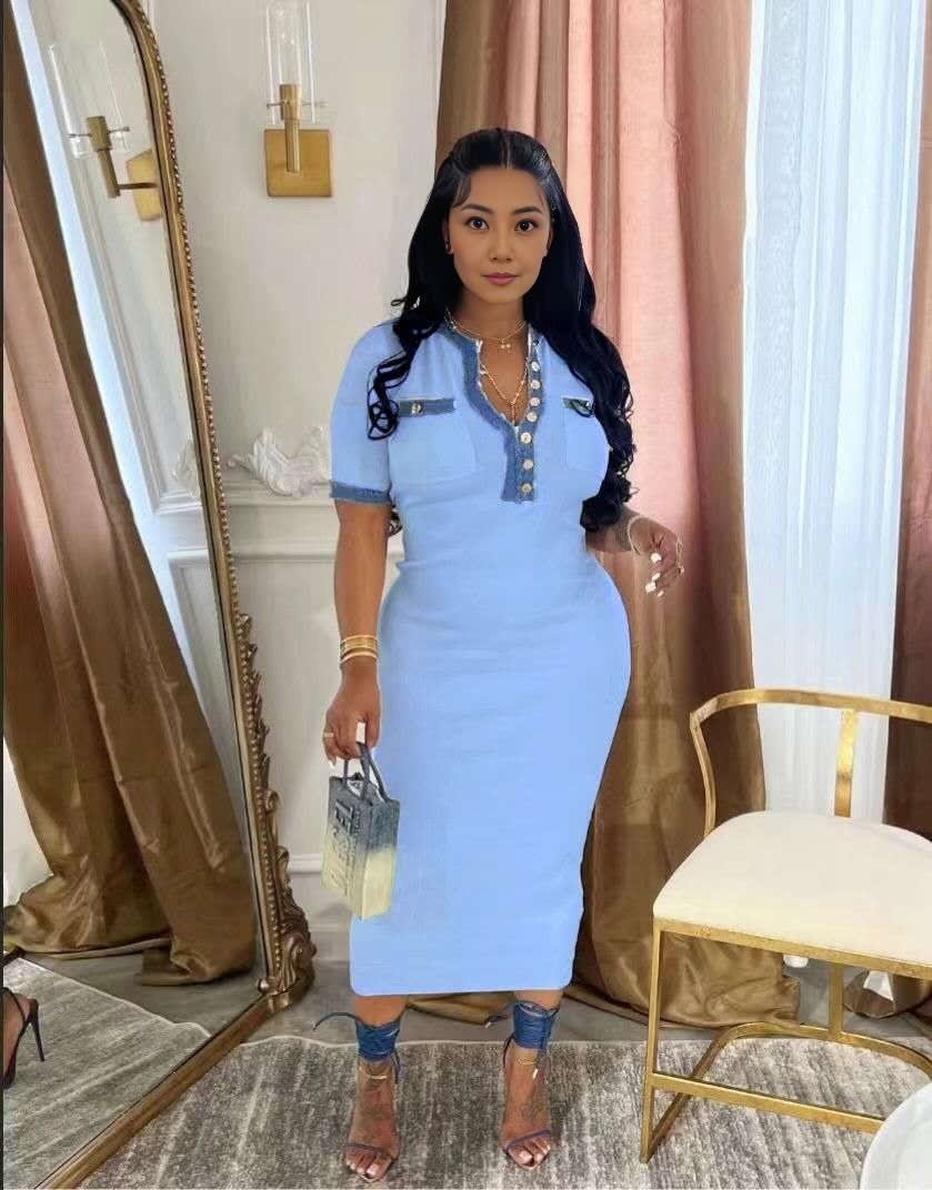 Women's Slim Fit Short Sleeve Polo Collar Dress with Button Decoration and Pocket Details