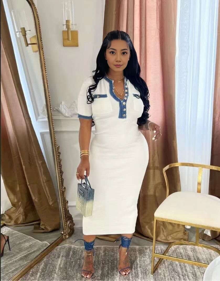 Women's Slim Fit Short Sleeve Polo Collar Dress with Button Decoration and Pocket Details