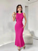 Sleeveless knitted maxi dress in deep pink with ribbed texture and fitted column shape
