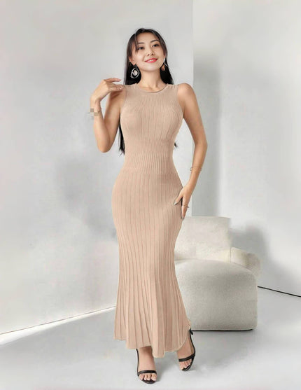 Sleeveless knitted maxi dress in nude with ribbed texture and fitted column shape