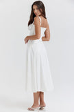 White square-neck ruched midi dress with spaghetti straps and open back