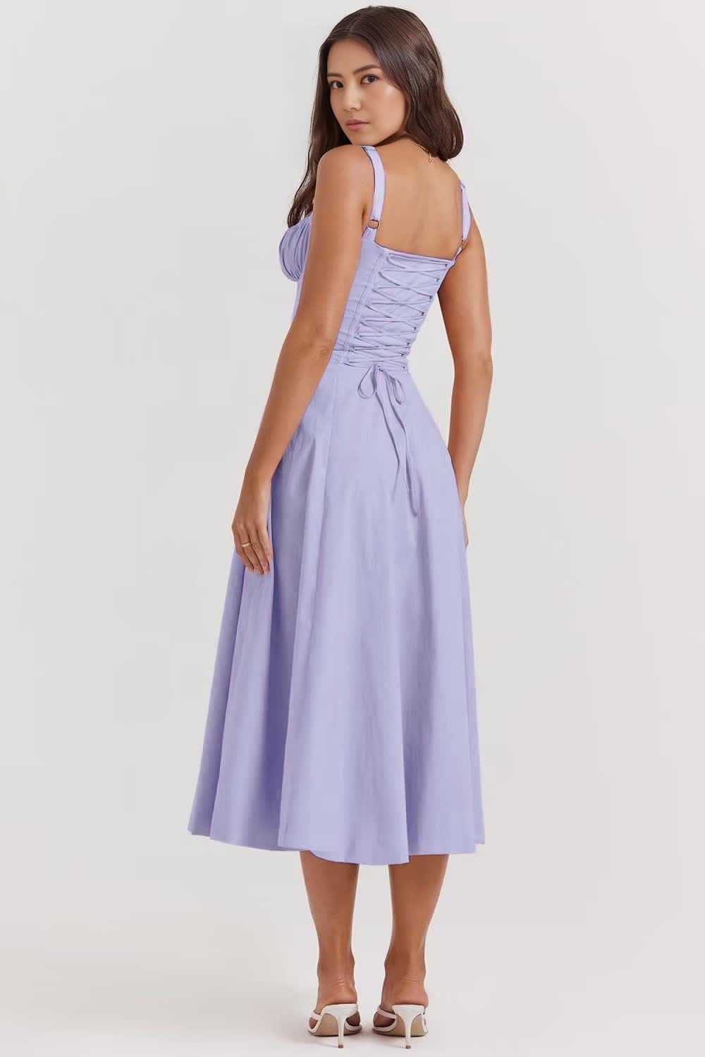 Lavender square-neck ruched midi dress with spaghetti straps and waist tie