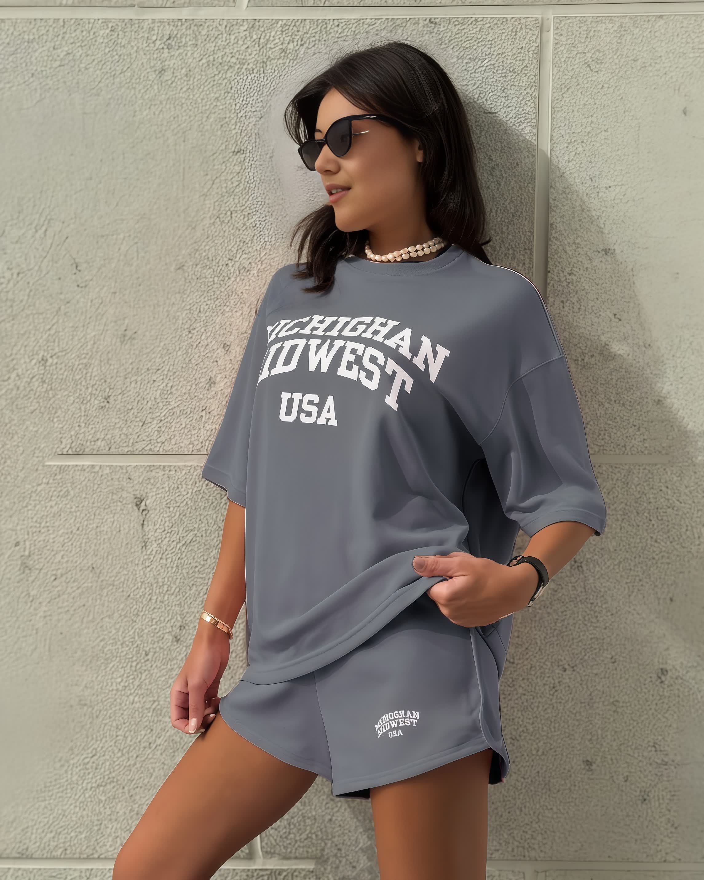 Grey oversized Michigan tee and matching shorts set, front graphic and USA text