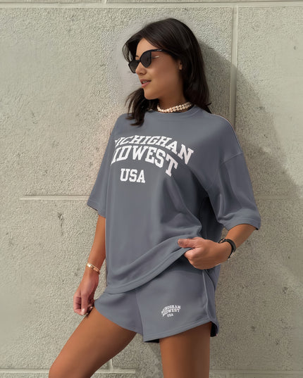 Grey oversized Michigan tee and matching shorts set, front graphic and USA text