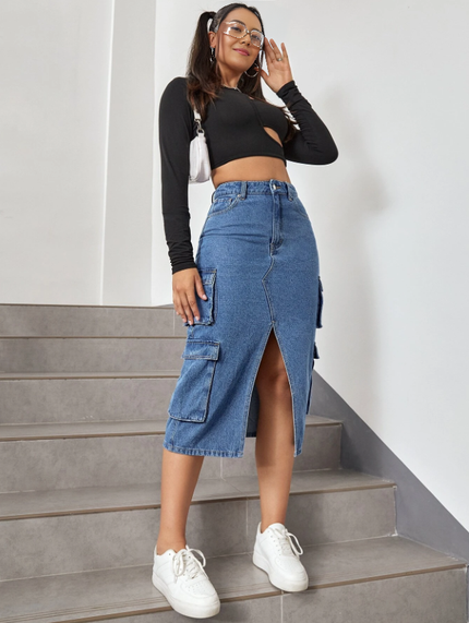 High-waist denim midi skirt with front split and cargo pocket details