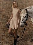 Sleeveless A-line mini dress, peach beige, high neckline with flared skirt