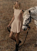 Sleeveless A-line mini dress, peach beige, high neckline with flared skirt