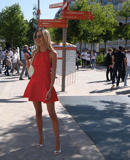 Sleeveless A-line mini dress, red, high neckline with flared skirt