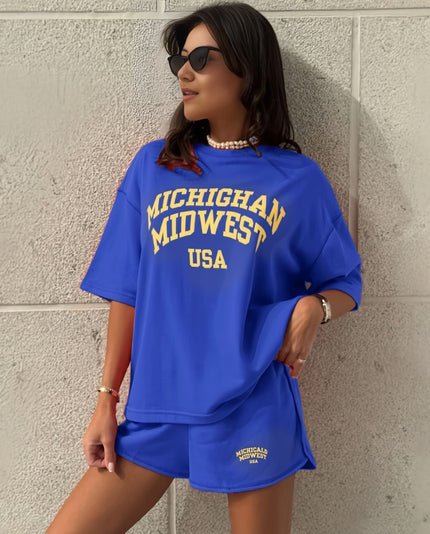 Blue oversized Michigan tee and matching shorts set, front graphic with USA