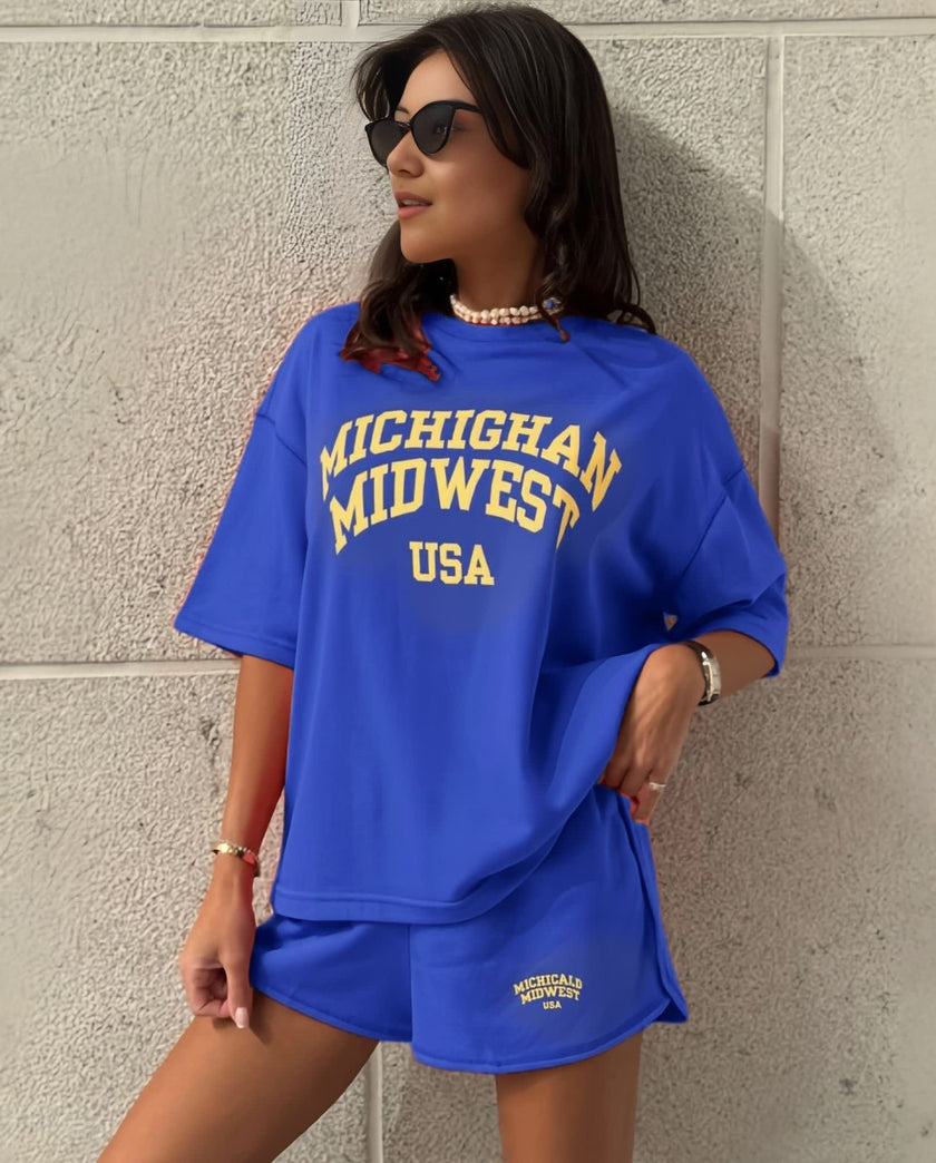 Blue oversized Michigan tee and matching shorts set, front graphic with USA
