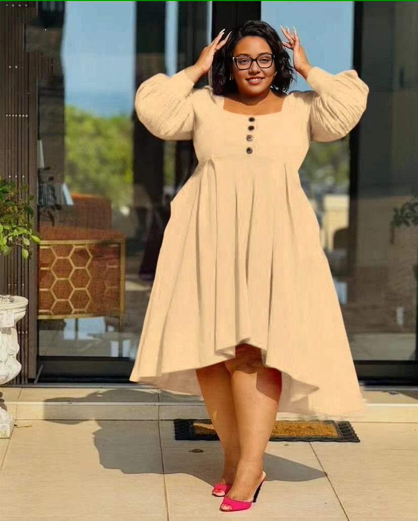 Nude beige puff sleeve high-low dress with button front, short hem