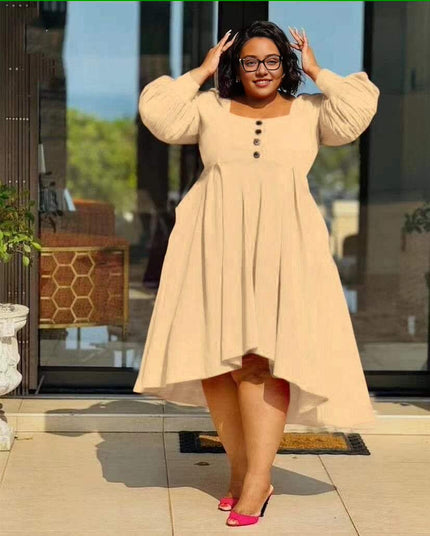 Nude beige puff sleeve high-low dress with button front, short hem