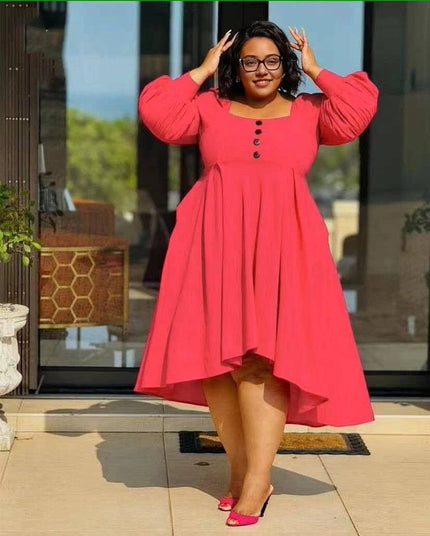 Hot-pink puff sleeve high-low dress with button front, short hem